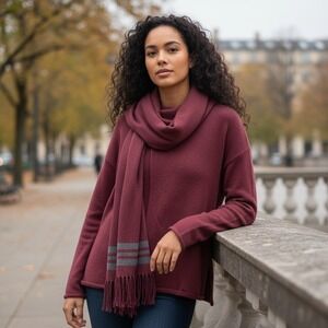 Cabi Burgundy Cowl Neck Sweater Poncho Fringe Striped Oversized Soft Wrap Warmth